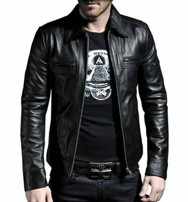 Buy Men's Genuine Lambskin Leather Motorcycle Jacket Slim Fit Biker Jacket • 69£