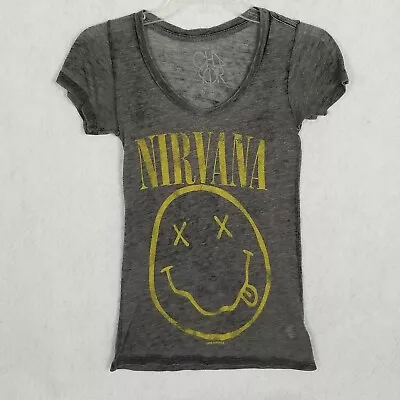 Buy CHASER Nirvana 2008 Smiley Face Women's Graphic T-Shirt ~ Gray Tunic ~ S • 15.60£
