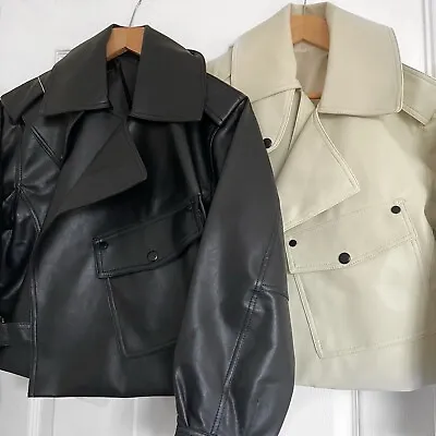 Buy Oversized Boxy Fit Faux Leather Jacket Coat Black/Cream • 39.99£