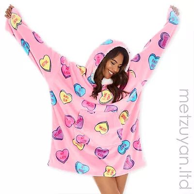 Buy Ladies Teenage Girls Oversized Hoodie Blanekt Fleeece Warm Hearts Love Printed  • 22.99£
