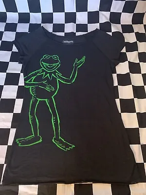 Buy The MUPPETS Logo KERMIT The Frog T-Shirt GREEN FOIL Top BLACK Burnout Sz L • 9.96£