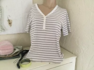 Buy Poppy Short Sleeved Pearl Button Tshirt Size L 14/16 White And Stone Stripe • 3.99£