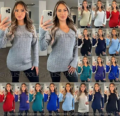 Buy Womens Twist Cable Knitted V Neck Jumper Ladies Long Sleeve Winter Sweater Tops • 14.95£
