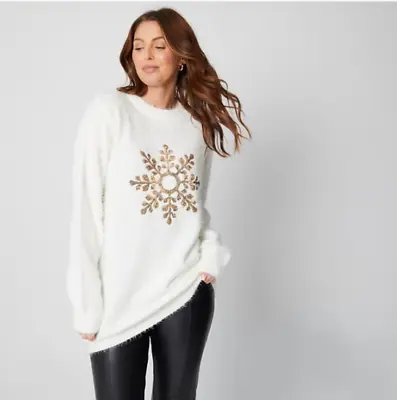 Buy New Be You Ladies Plus Size 20-22 Ivory Fluffy Snowflake Gold Sequined Jumper • 3.99£