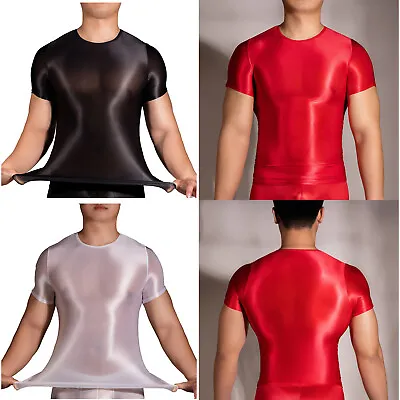 Buy Short Sleeve Mens Glossy Top Transparent Shirts Round Neck Undershirts Stretchy • 11.99£