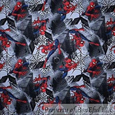Buy BonEful Fabric FQ Cotton Quilt B&W Gray Red Spiderman Super Hero City Spider Web • 4.56£