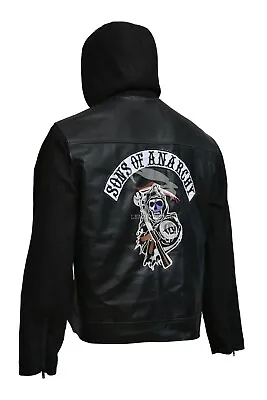 Buy Biker Motorcycle SOA Sons Of Anarchy Hooded Vintage Real /Faux Leather Jacket • 89.99£
