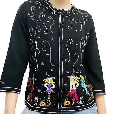 Buy Vintage Sweater Halloween Cardigan Knit Witch Embroidered Black Fall Goth Medium • 61.77£
