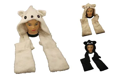 Buy New Furry Animal Style Hooded Hat Scarf & Mitten Combo One Size PopCorn Gift  • 5.95£