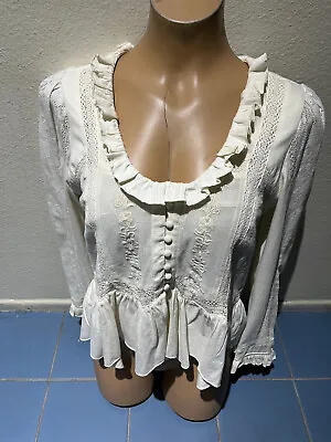 Buy Anthropologie Forever That Girl IVORY Long Sleeved Ruffled Blouse W/ Lace Trim S • 27.47£
