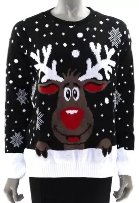 Buy Christmas Jumper Allover RUDOLPH Reindeer Pattern BLACK Slouchy Fit Baggy | 42  • 8.99£