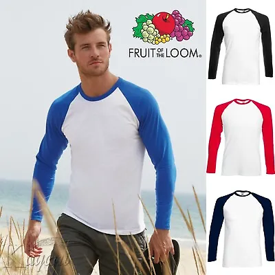 Buy Men LONG SLEEVE BASEBALL T Shirt Fruit Of The Loom Contrast T-Shirt Cotton Top • 7.49£