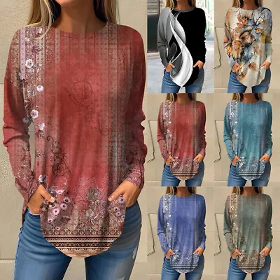Buy Womens Long Sleeve T Shirt Blouse Ladies Casual Loose Pullover Long Tops Size 14 • 7.29£