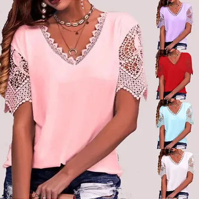 Buy Plus Size Ladies Summer Short Sleeve T Shirt Tops Womens V-Neck Lace Blouse Tee • 10.37£