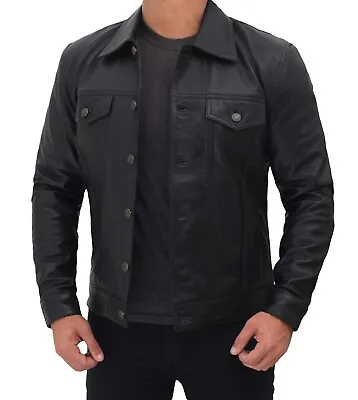 Buy Mens Real Leather Trucker Black American Western Classic Denim Style Jacket Coat • 29.99£