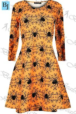 Buy Ladies Womens Round Neck Scary Cat Face Party Fancy Halloween Swing Mini Dress • 7.49£