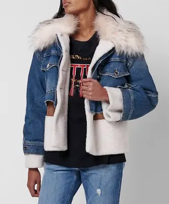 Buy Pinko Denim Jacket Akron Size UK 10 / 12 IT 42 OVERSIZED Faux Fur Collar - Blue • 140£