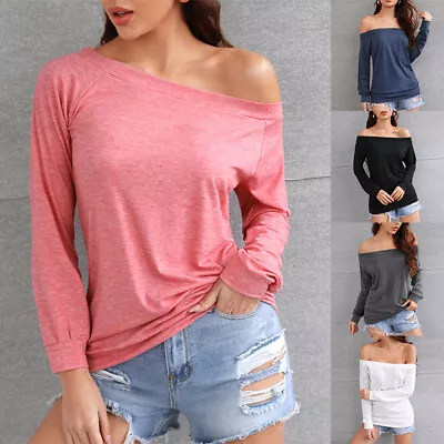 Buy Ladies Womens Off The Shoulder Long Sleeve Bardot T Shirt Slash Neck Jersey Top • 14.51£