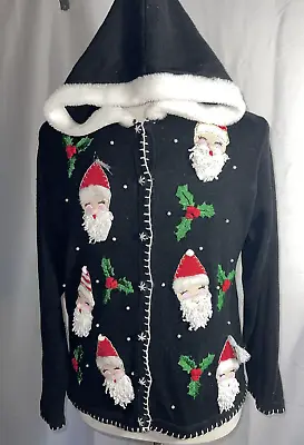 Buy Vintage Christmas Santa Claus Cardigan Sweater Embroidered Hooded Beaded Size L • 32.49£