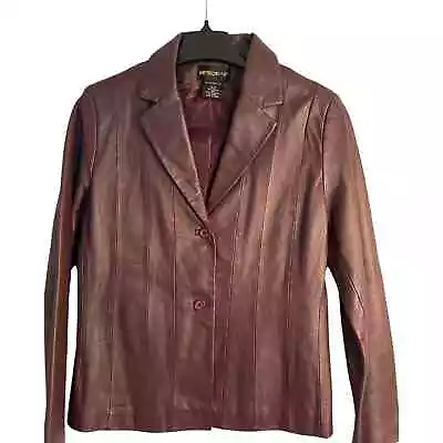 Buy MetroStyle Leather Jacket Womens Size 12 Burgundy Lined Leather 2-button Jacket • 38.50£