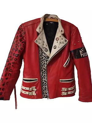 Buy Vintage 90s Customised  Red/ White Trim   Leather Punk Bike Jacket 10/12 • 19.99£