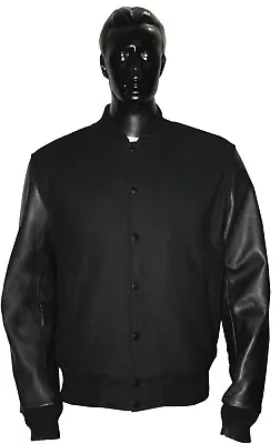 Buy  Black Wool Black Real Leather Sleeves Varsity Jackets All Black • 79£