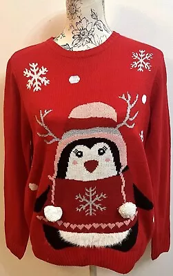 Buy Papaya Ladies Uk M 12 Red Christmas Penguin Snowflakes Themed Long Sleeve Jumper • 9.99£