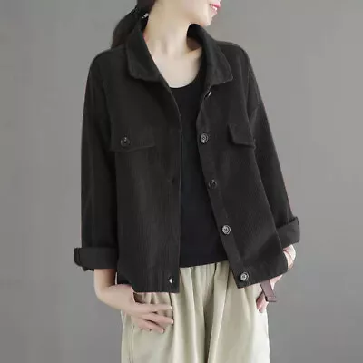 Buy Womens Loose Cord Buttons Jacket Long Sleeve Sweatshirt Lapel Ladies Coat • 15.68£