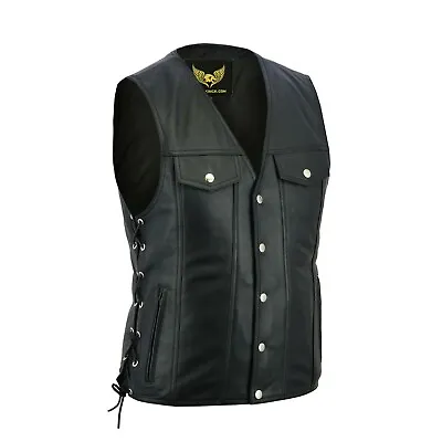 Buy Men's Real Leather Biker Waistcoat Motorbike Motorcycle Club Style Black Vests • 44.99£