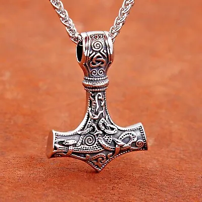 Buy Viking Thor Hammer Mjolnir Mens Necklace Stainless Steel Silver Amulet Pendant • 7.95£