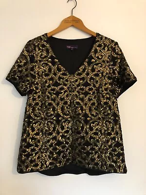 Buy M&S Twiggy Top UK Size 14 Short Sleeves Women's Sequins V Neck Lined Black Gold • 10.99£