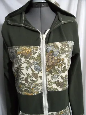 Buy Contrast Hoodie Sweatshirt L Olive Green Bullet Texture & Vintage Floral Zip-up • 42.62£