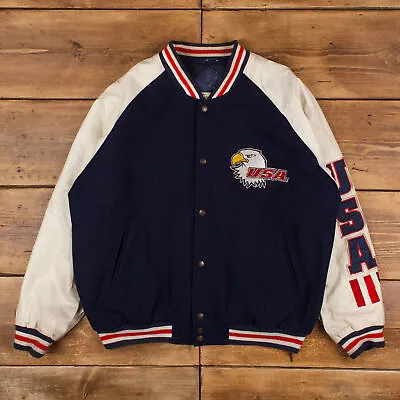Buy Vintage Steve & Barry's Varsity Jacket XL 90s Bomber USA Flag Blue Snap • 53.99£
