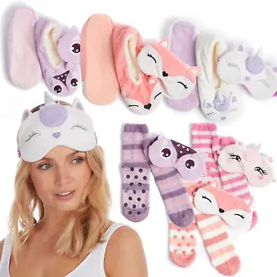 Buy Womens/Ladies Sock/Slipper With Matching Eye Mask Brushed Gripper Bedsock Lounge • 8.99£