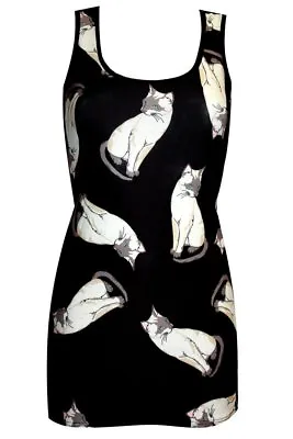 Buy Ladies Unique Kitty Kitten Cats All Over Print  Long Vest Tank Top Dress Goth  • 21.99£