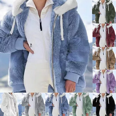 Buy Ladies Warm Teddy Bear Fluffy Coat Fleece Hooded Jacket Color Matching Outwear • 22.79£