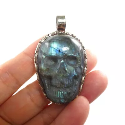 Buy Carved Blue Labradorite Stone Large Skull Tibetan Silver Pendant Ethnic Unique • 55.98£