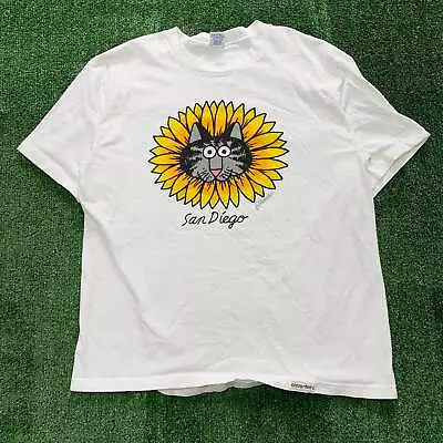 Buy Vintage T Shirt Mens Large White Graphic Print 90s USA Sunflower Cat • 15£