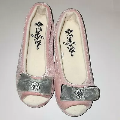 Buy Pretty You London Peek Toe Pink Slippers With Bows Houseshoes Princess Size 7.5 • 38.60£