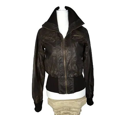 Buy Say What Juniors Brown Distressed Faux Leather Zip Moto Jacket Zip Pockets Small • 33.11£