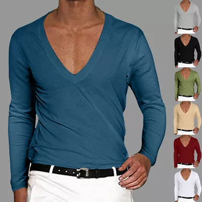 Buy Men's Long Sleeve V Neck Solid Blouse Tee Casual Slim Fit T Shirt Pullover Tops • 10.69£