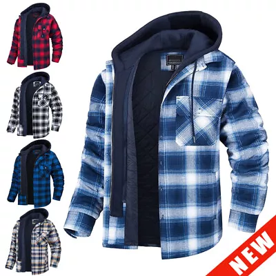 Buy Men's Plaid Flannel Shirt Jacket Fully Quilted Lined Pocket Warm Zip-Up Hoodie ~ • 41.99£