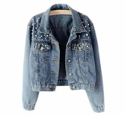 Buy Women's Pearl Denim Jacket Casual Loose Fit Biker Jeans Outwear Coat Plus Size • 20.99£