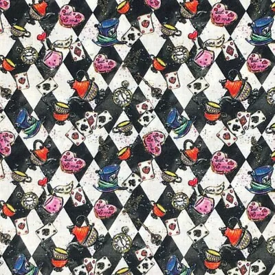 Buy 100% Cotton Fabric Digital Alice In Wonderland Harlequin 140cm Wide Crafty • 11£