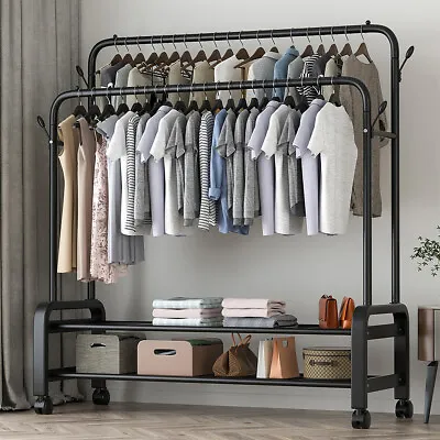 Buy Heavy Duty Metal Double Rail Clothes Garment Hanging Rack Shelf Display Stand • 39.94£