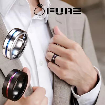 Buy Black Stainless Steel Ring Thin Rainbow Line Wedding Band Male Jewelry Unisex • 3.99£