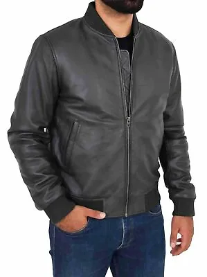 Buy Mens Bomber Soft Leather Jacket Classic Varsity Slim Fit Dark Brown (Navy) • 74.92£