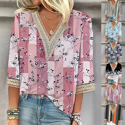 Buy Womens Floral V Neck Tunic Tops Ladies 3/4 Sleeve Loose T Shirt Blouse Size 6-16 • 12.39£