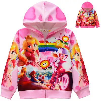 Buy Super Mario Bros Princess Peach Print Kids Girl Hooded Coat Zip Hoodies Jacket • 15.49£