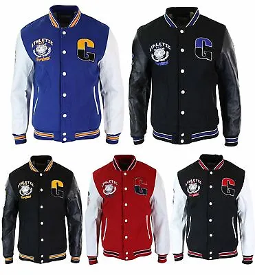 Buy Mens Baseball Varsity Letterman College Fleece Jacket Badge PU Leather Sleeves • 39.99£